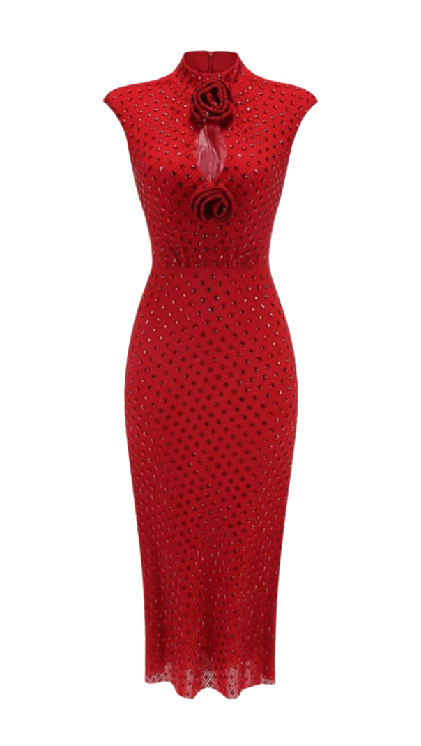 AIIZIE SHARRIE FLOWER RHINESTONE EMBELLISHED FISHNET MIDI DRESS - product image