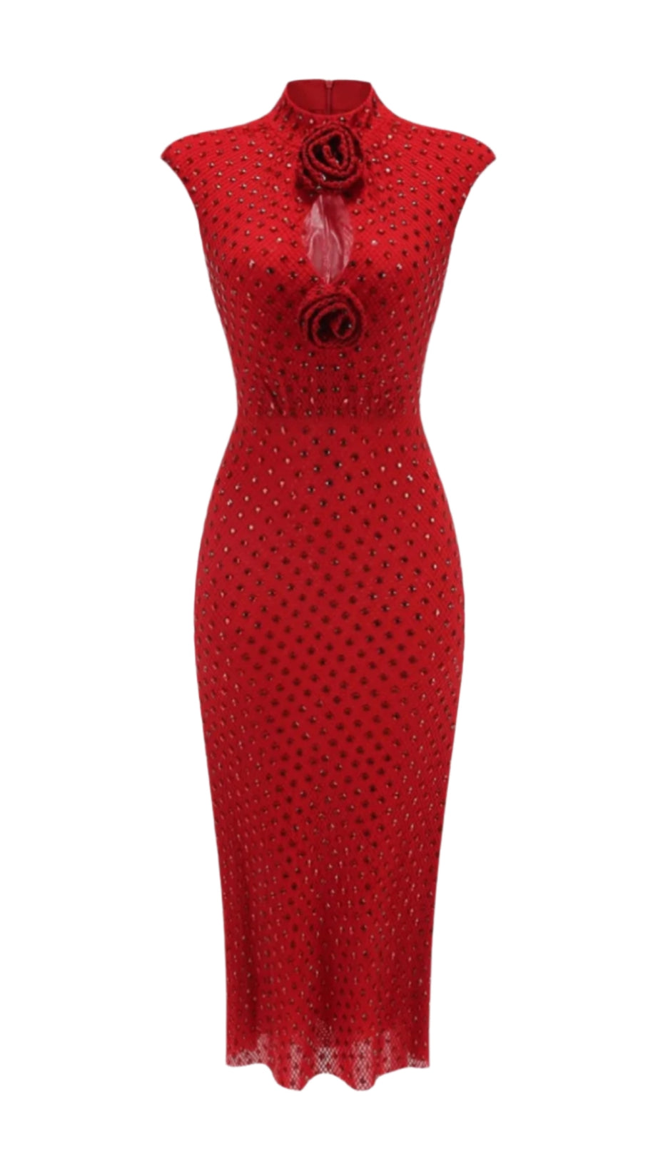 SHARRIE FLOWER RHINESTONE EMBELLISHED FISHNET MIDI DRESS