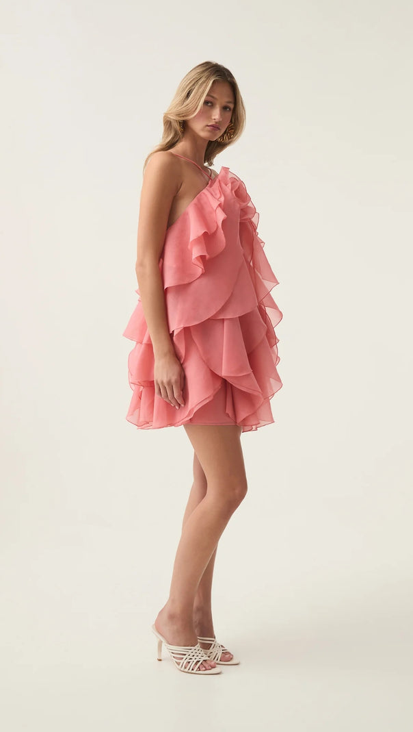 AIIZIE LORRAINE HALTER FLORAL RUFFLE LAYERED MINI DRESS IN ORANGE - product image
