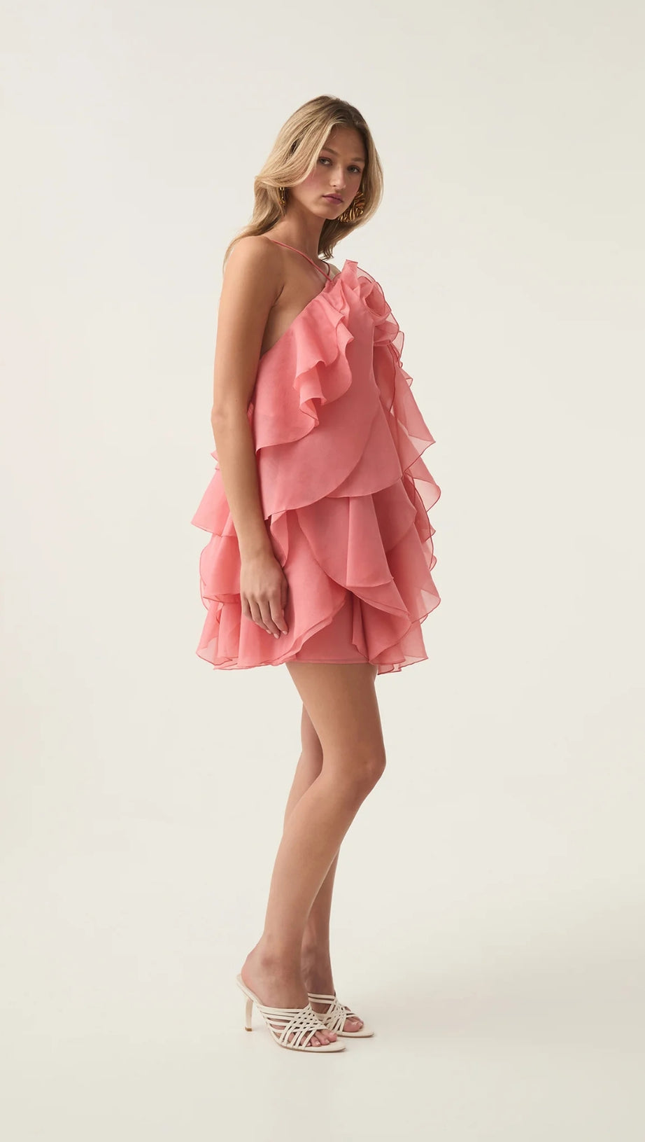 LORRAINE HALTER FLORAL RUFFLE LAYERED MINI DRESS IN ORANGE