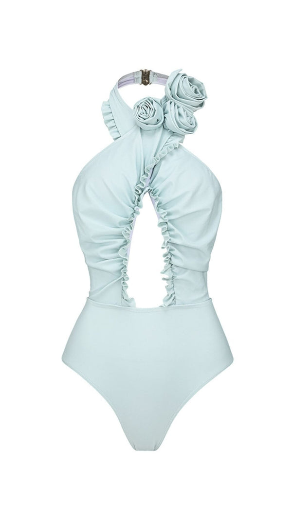 AIIZIE BLUE HALTER 3D FLOWER ONE PIECE SWIMSUIT AND SARONG - product image