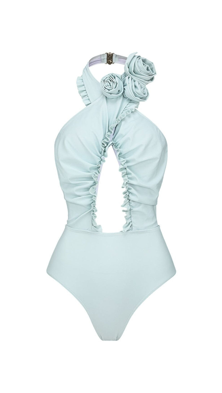 BLUE HALTER 3D FLOWER ONE PIECE SWIMSUIT AND SARONG