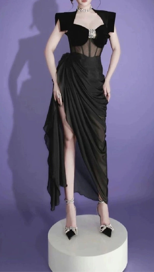 AIIZIE TAFFETA BOW CORSET SLIP MIDI DRESS IN BLACK - product image