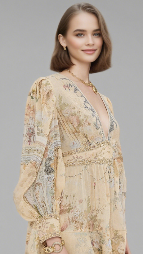 MULTICOLOR FLORAL PRINT V-NECKLINE SILK LAYER MINI DRESS