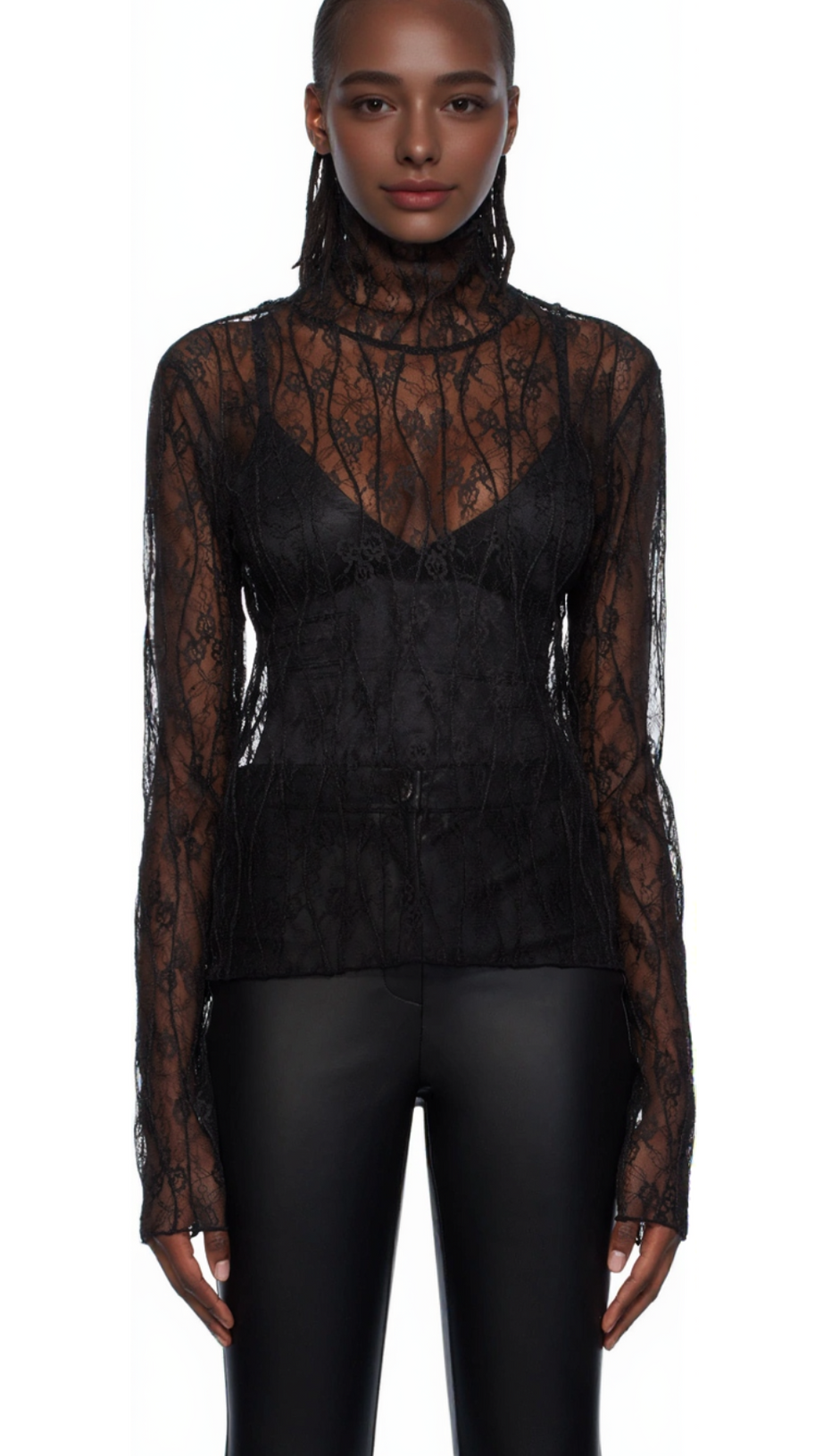 LACE MOCK NECK TOP IN BLACK
