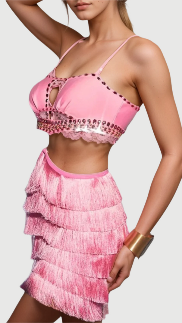 AIIZIE PINK RHINESTONE CUTOUT FRINGE DRESS - product image