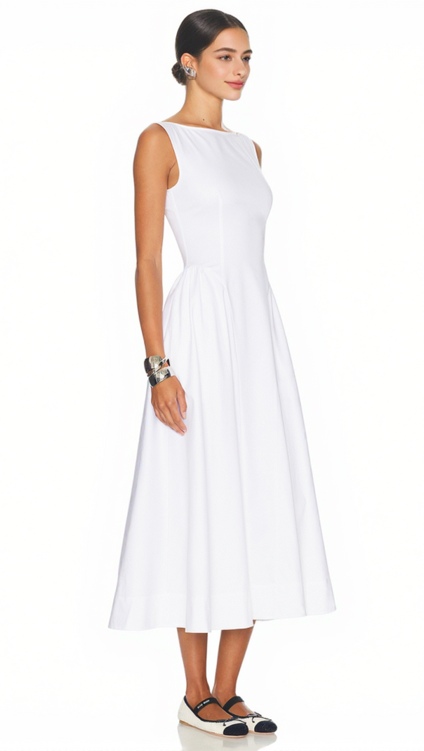 AIIZIE STRETCH COTTON SATEEN MIDI DRESS IN WHITE - product image