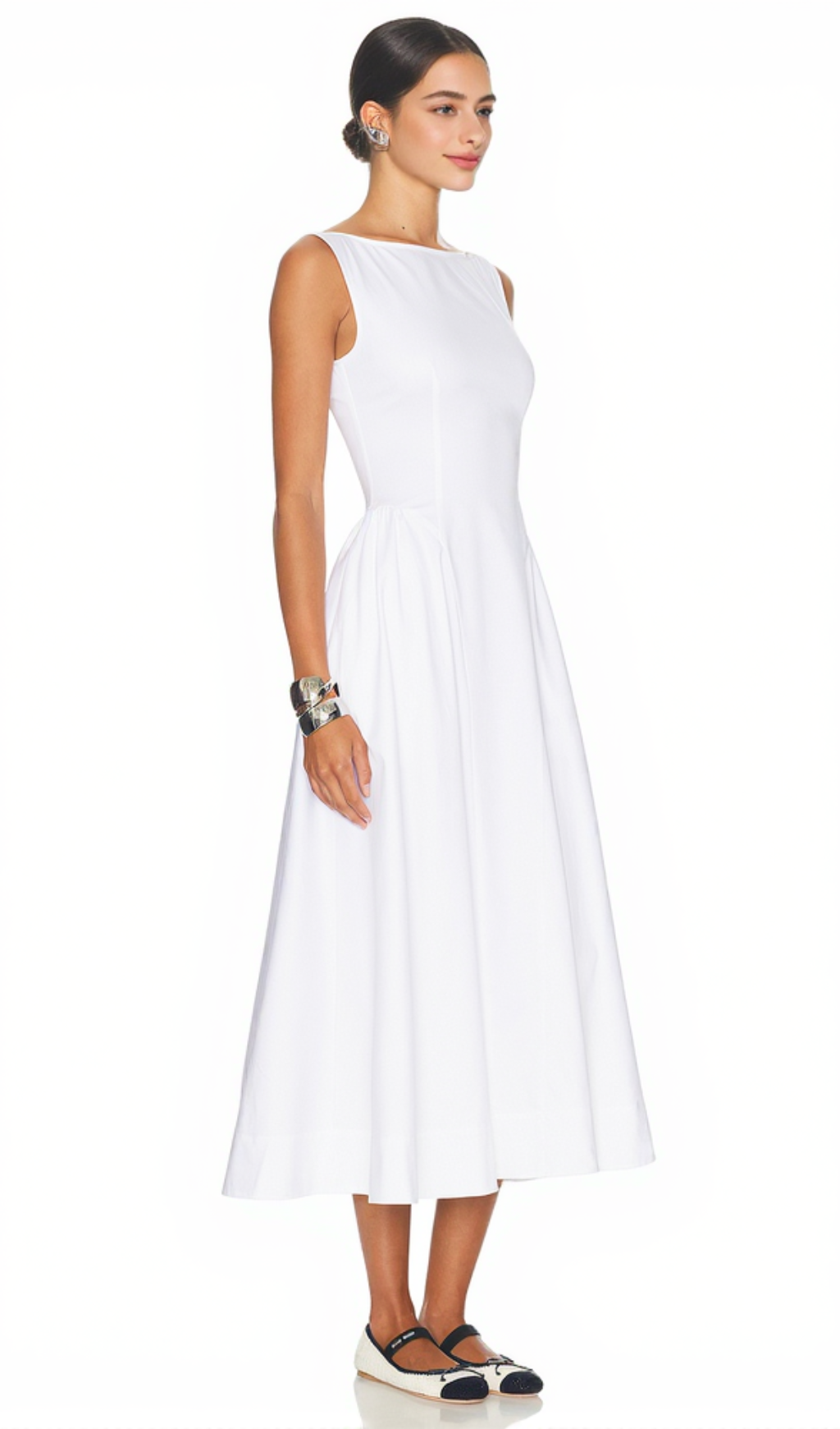 STRETCH COTTON SATEEN MIDI DRESS IN WHITE