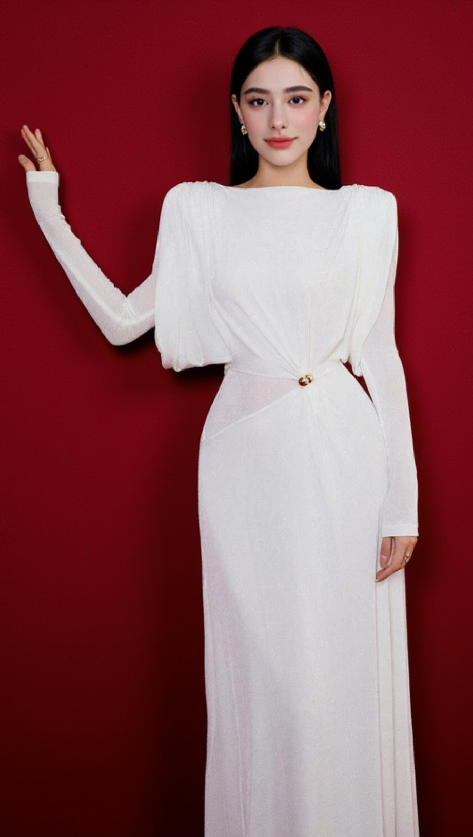 WHITE STRAIGHT BOAT NECK KNITTED FABRIC MAXI DRESS