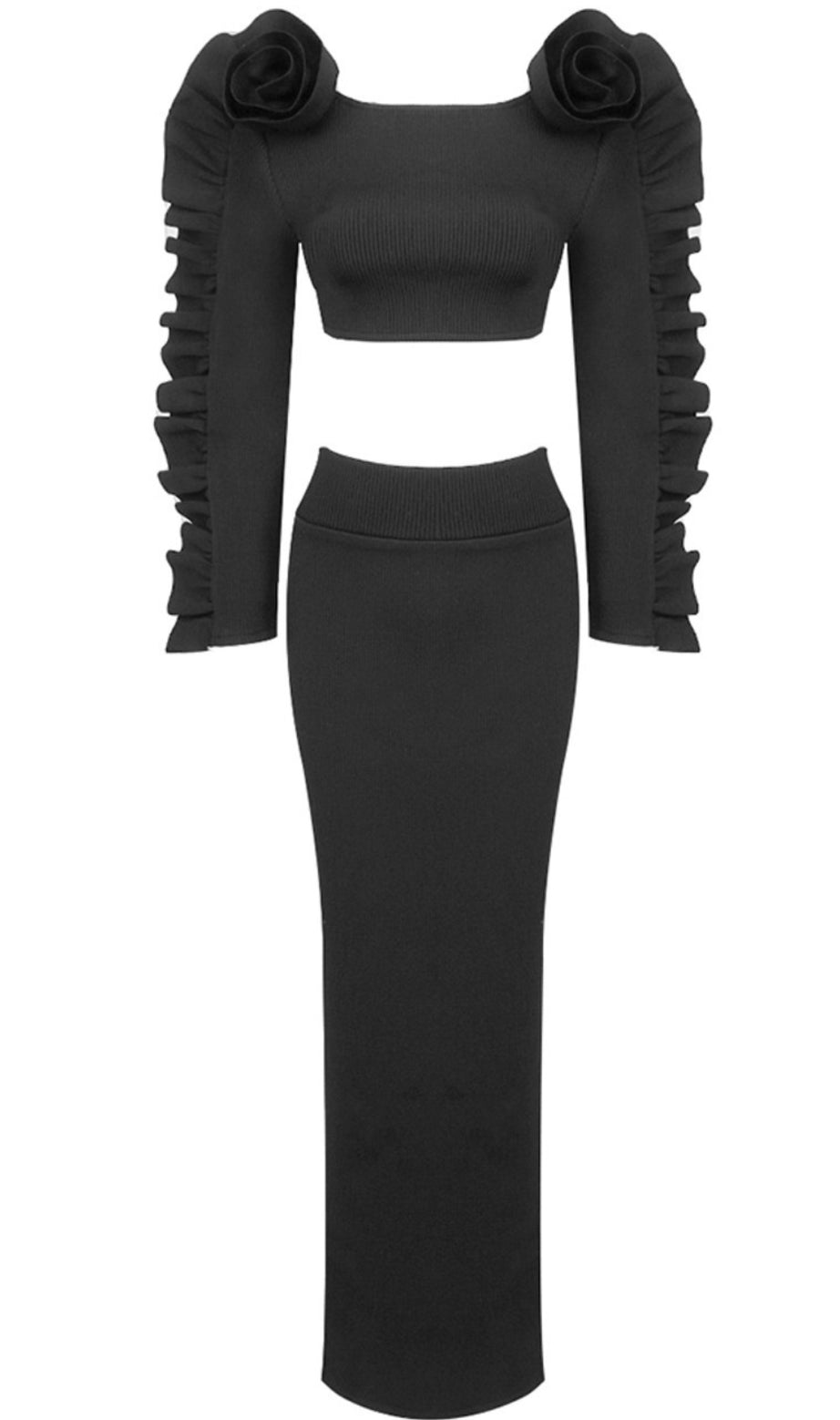 Ruffle Long Sleeve Ribbed Two Piece Maxi Dress Black