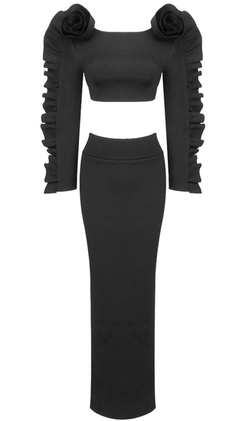 RUFFLE LONG SLEEVE RIBBED TWO PIECE MAXI DRESS BLACK