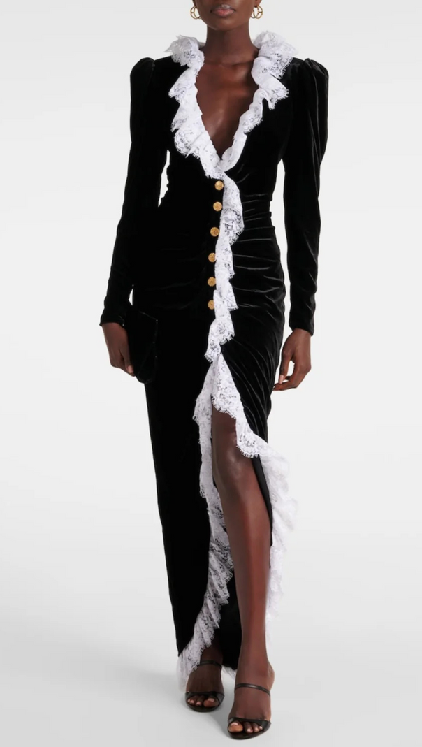 AIIZIE CANNIA LACE-TRIMMED VELVET MAXI DRESS IN BLACK - product image