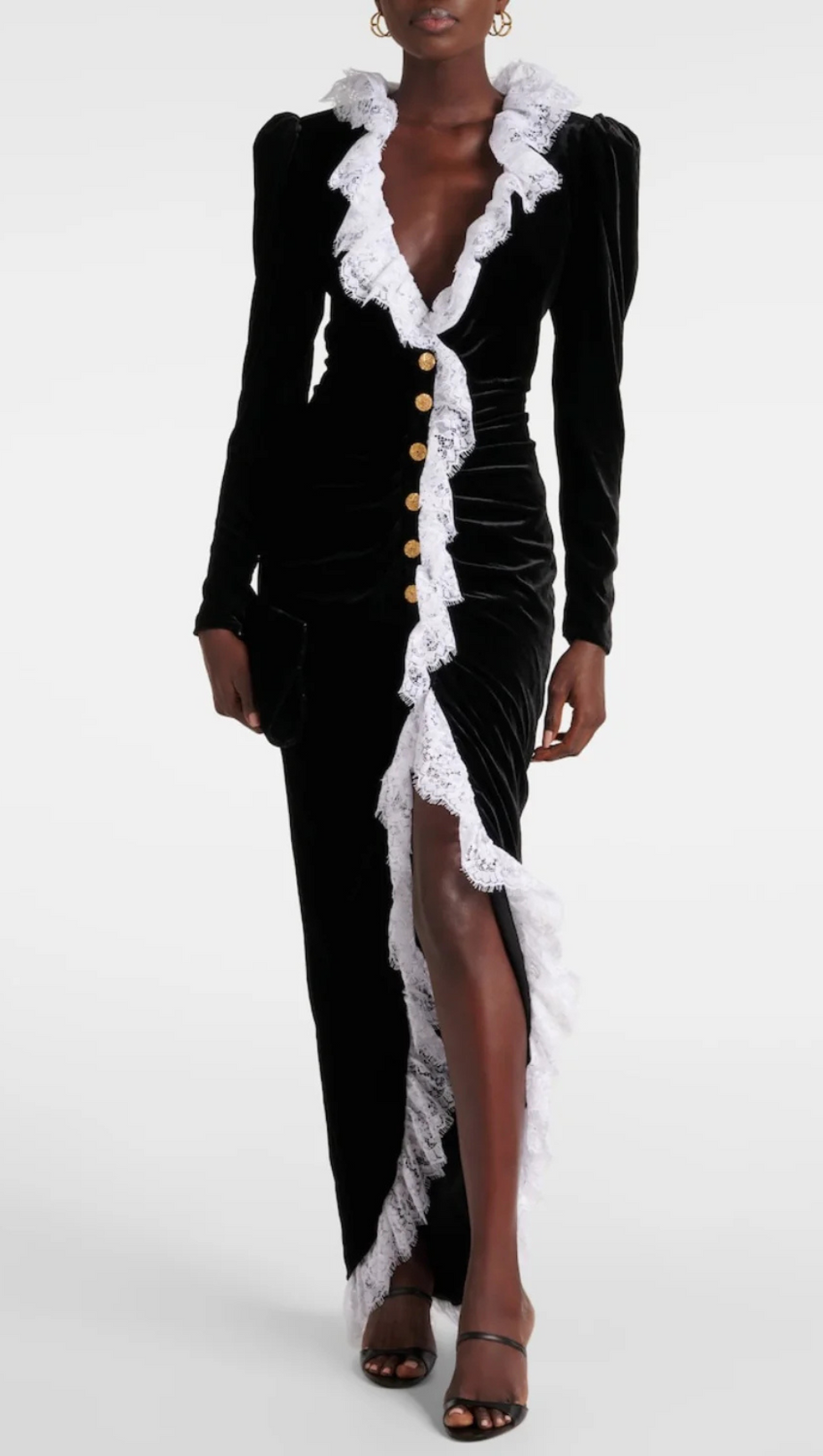 CANNIA LACE-TRIMMED VELVET MAXI DRESS IN BLACK