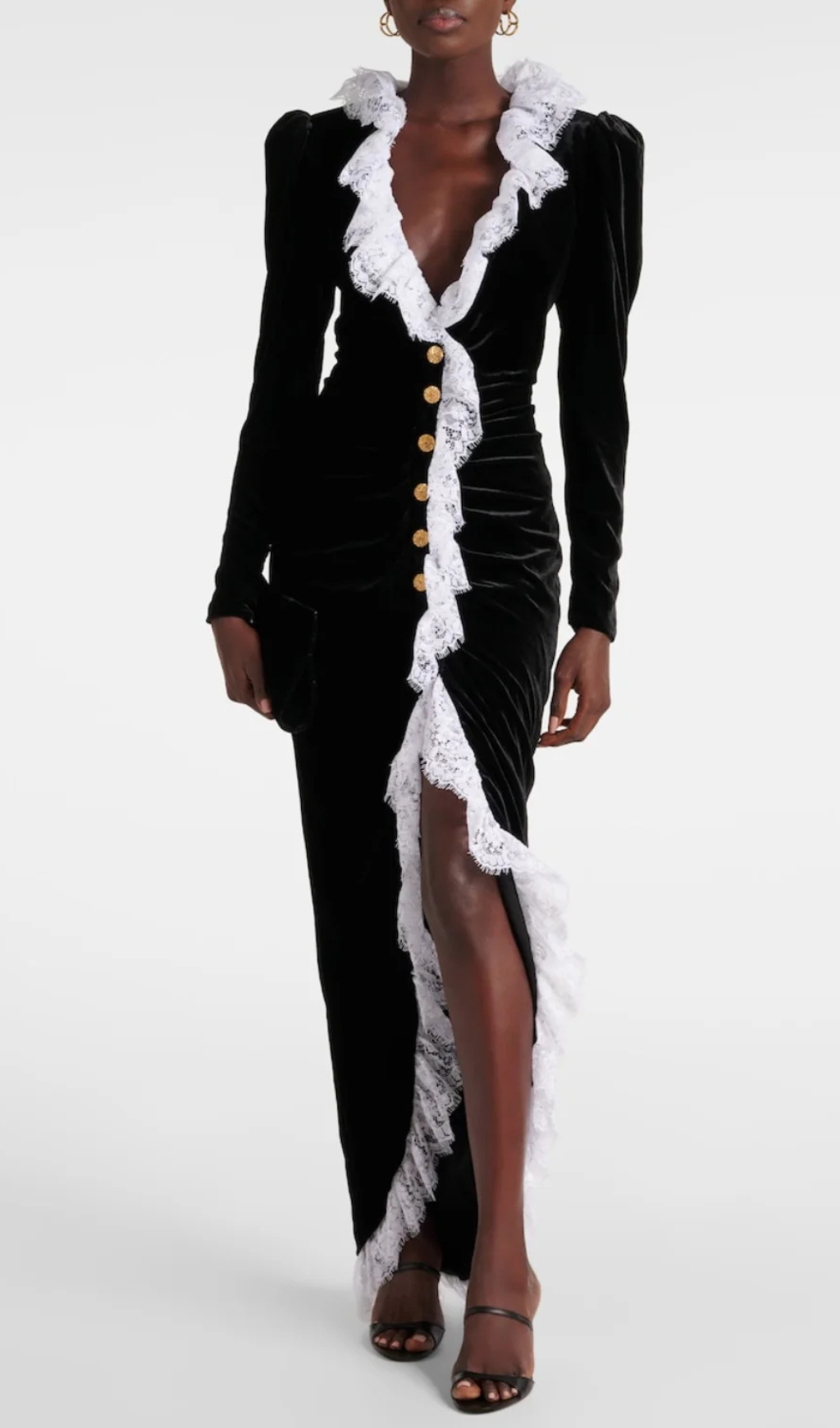 CANNIA LACE-TRIMMED VELVET MAXI DRESS IN BLACK