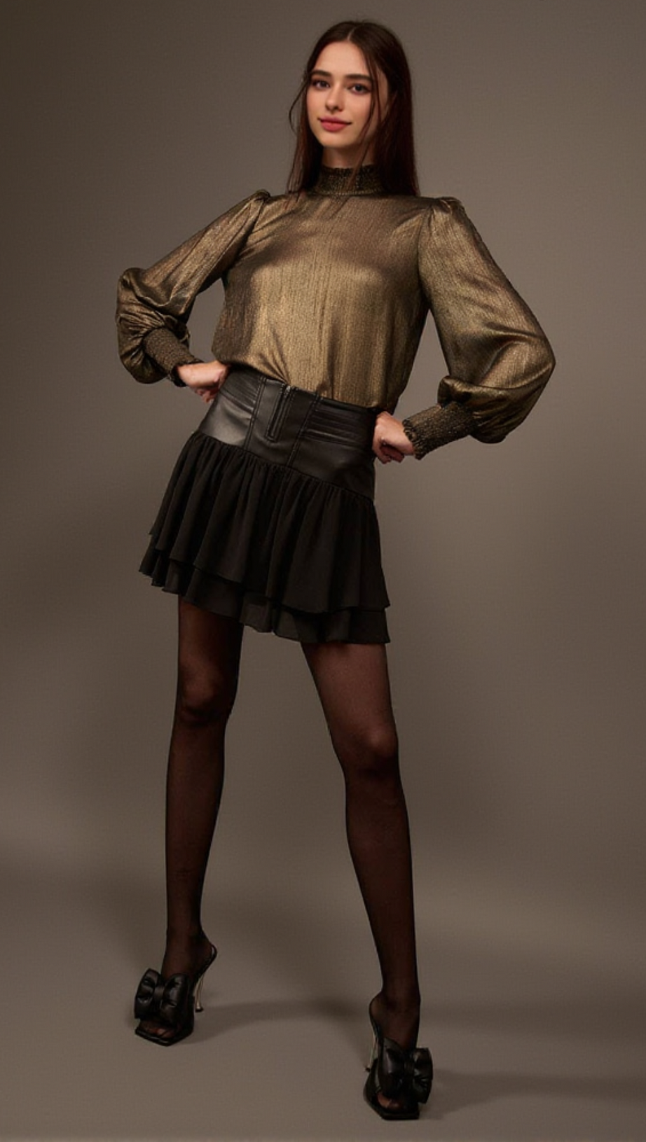 GOLDEN AGE METALLIC BISHOP-SLEEVE MOCK NECK TOP