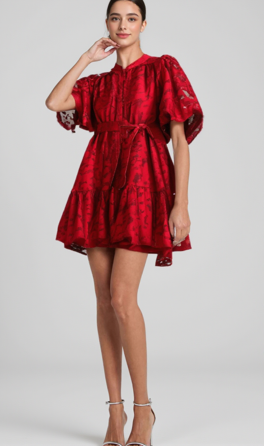 AthÉnaÏs red jacquard semi-sheer mini dress