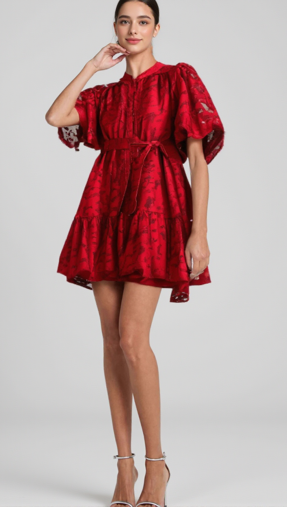 ATHÉNAÏS RED JACQUARD SEMI-SHEER MINI DRESS