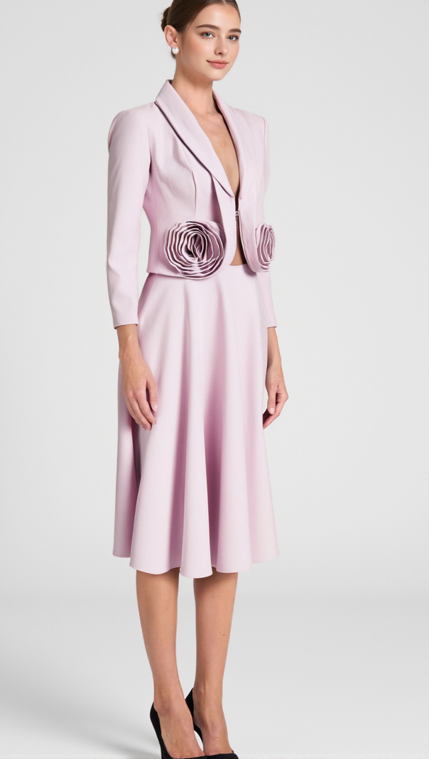 AIIZIE CAROL PINK 3D FLORAL BLAZER ＆ HIGH WAIST MIDI SKIRT SET - product image