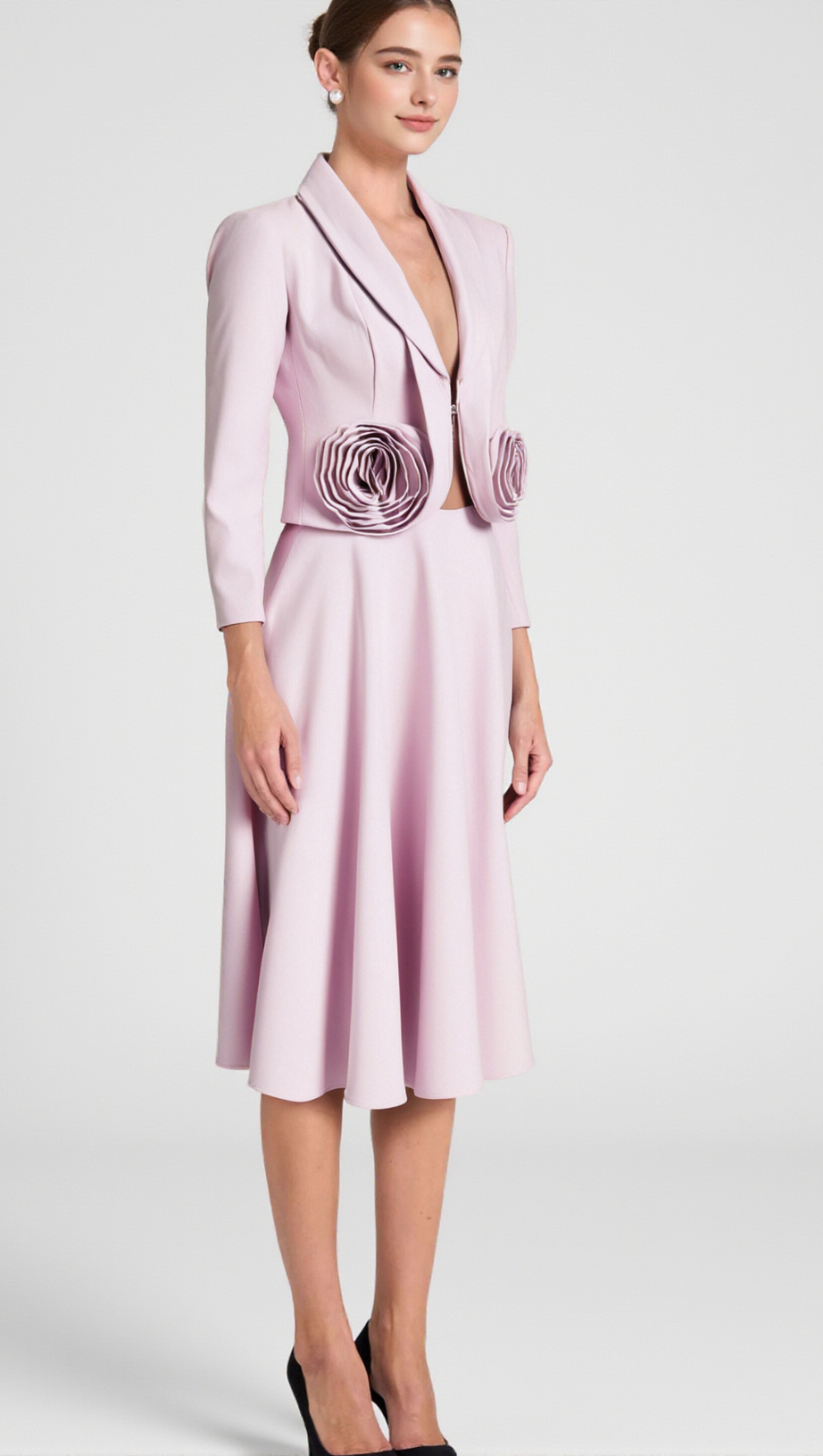 CAROL PINK 3D FLORAL BLAZER ＆ HIGH WAIST MIDI SKIRT SET