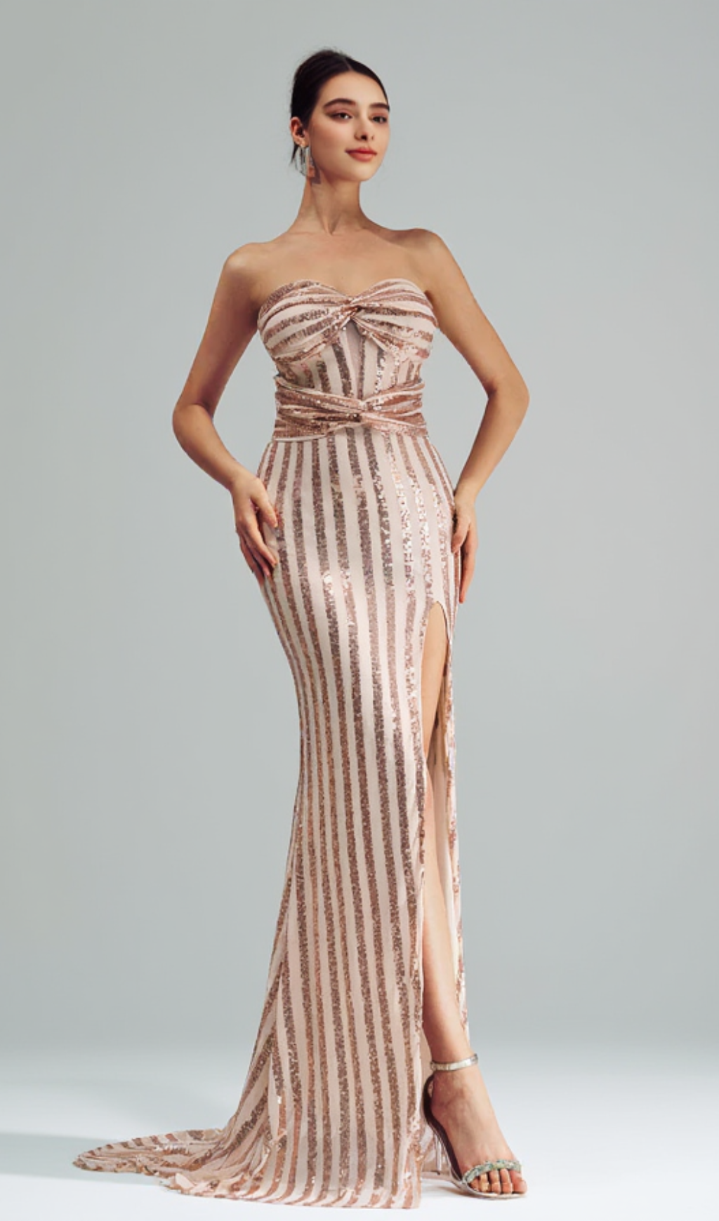 APRICOT MERMAID STRAPLESS SEQUINED SPLIT MAXI DRESS