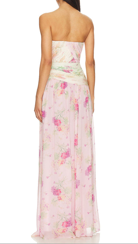 PINTIL STRAPLESS PLEATED FLORAL MAXI DRESS IN MULTI
