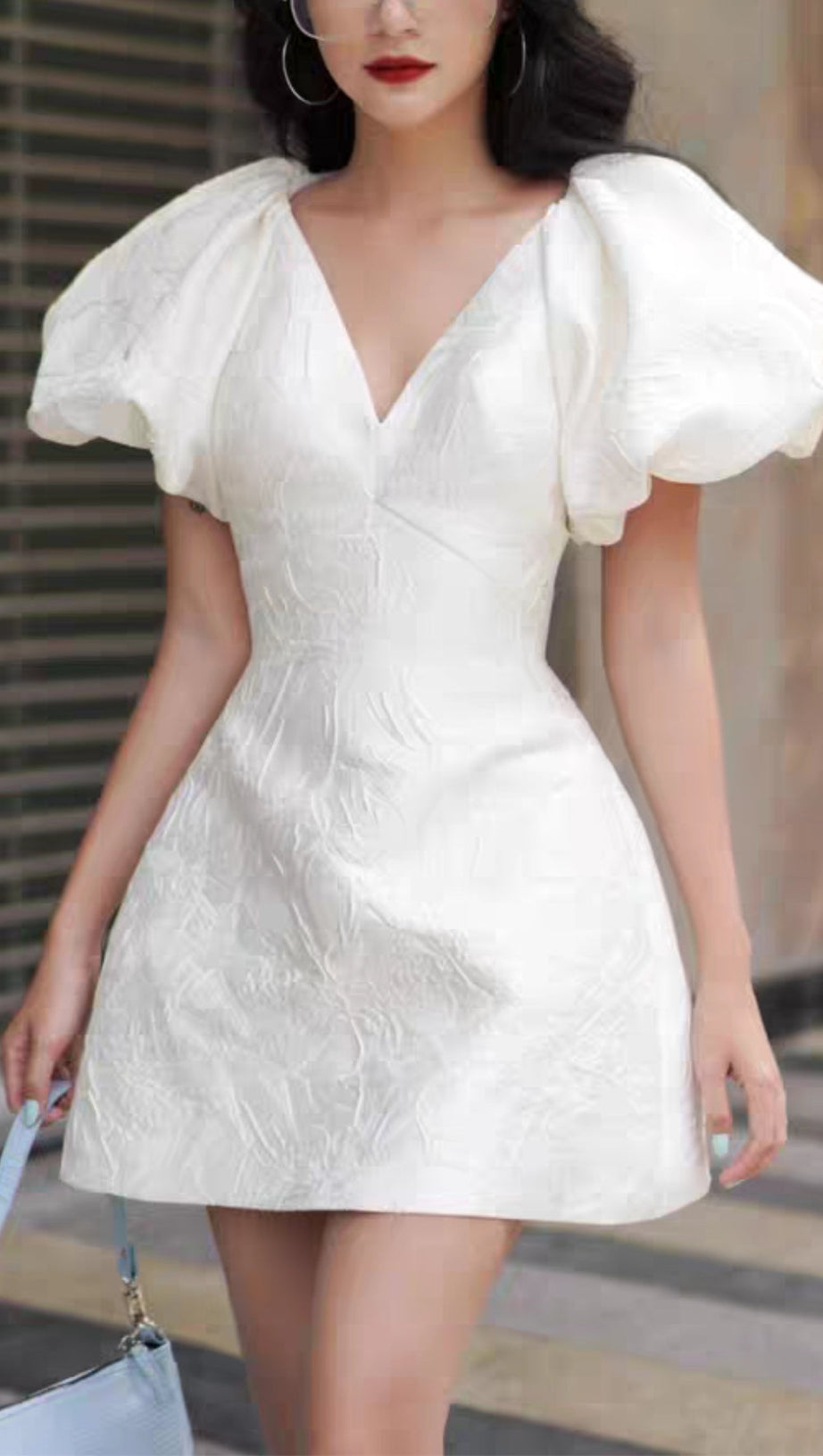 JACQUARD EMBOSSED V-NECK PUFF SLEEVES MINI DRESS