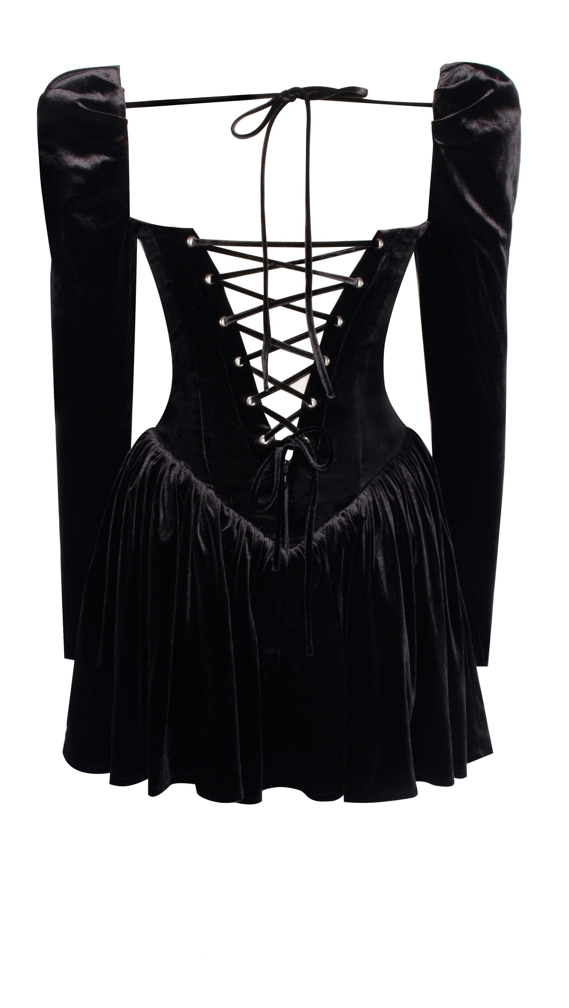 YOLANDA BLACK VELVET LONG SLEEVE MINI DRESS WITH LACE TRIM