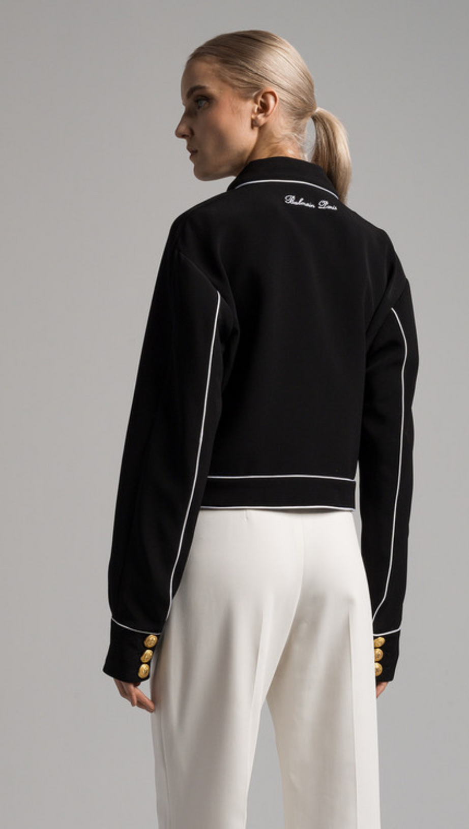 SEVEN-BUTTON BLACK PIPED-TRIM JACKET