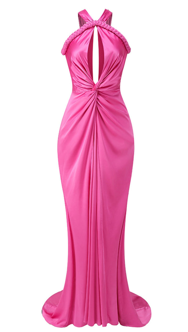 AIIZIE HALTER BRAIDED DRAPED MAXI DRESS HOT PINK - product image