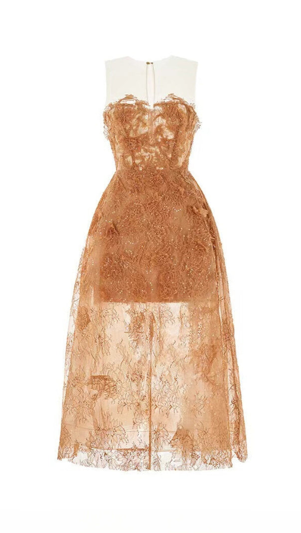 AIIZIE CARAMEL FLORAL LACE EMBROIDER MIDI DRESS - product image