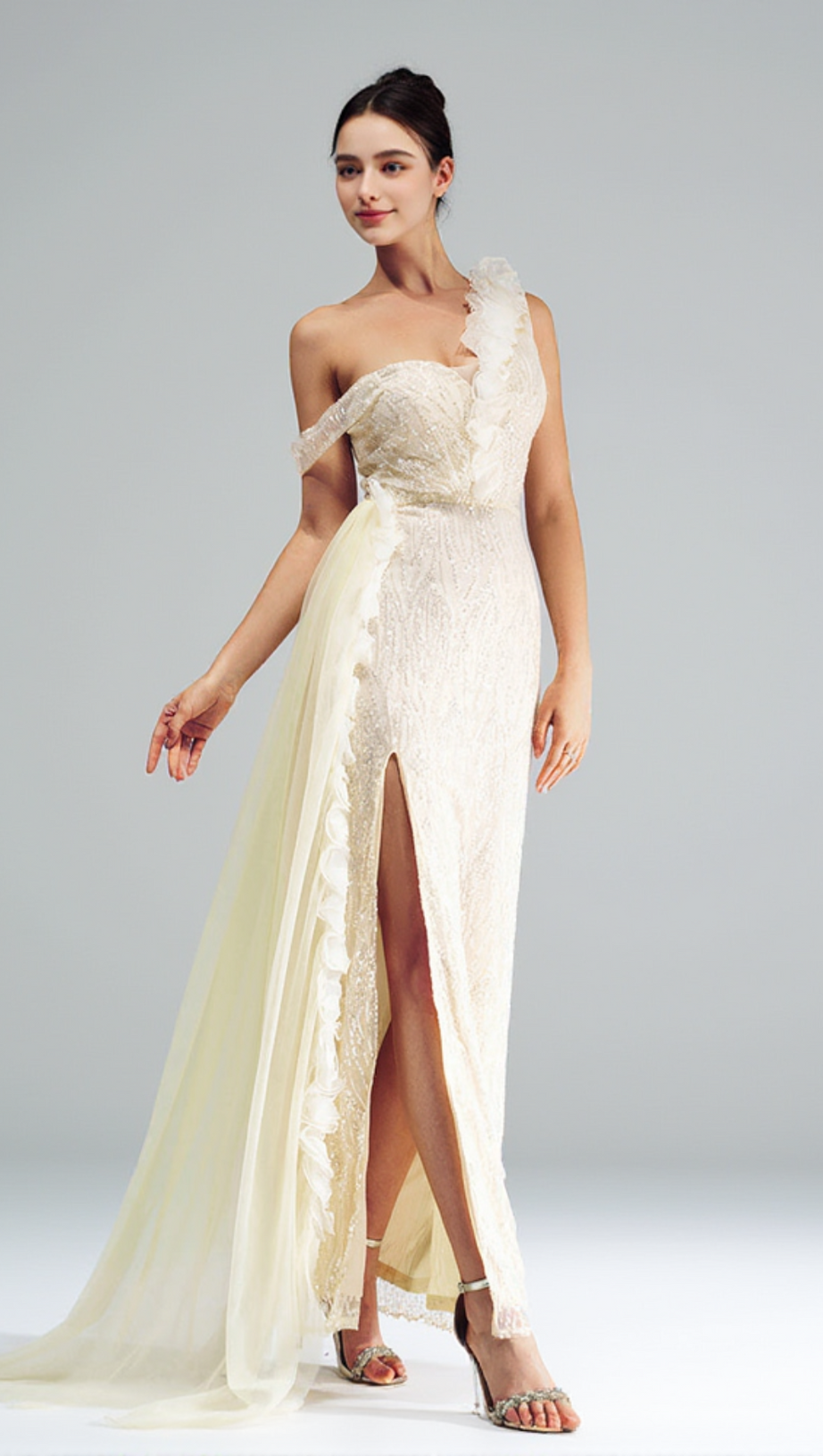 SPAGHETTI STRAP APPLIQUED FLORAL SPLIT MAXI DRESS