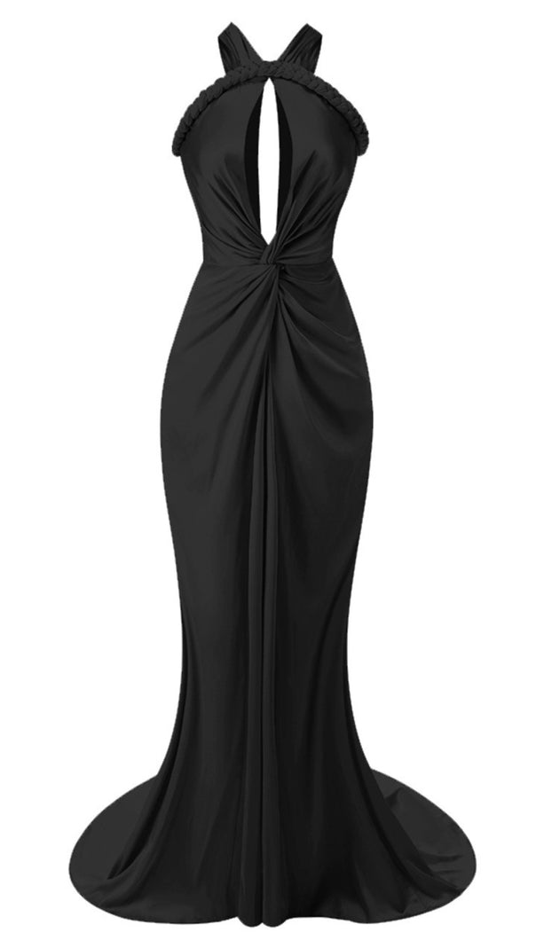 AIIZIE HALTER BRAIDED DRAPED MAXI DRESS BLACK - product image