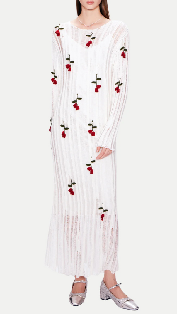 AIIZIE HILARIA ROSE HANDCRAFTED KNIT MIDI DRESS IN WHITE - product image