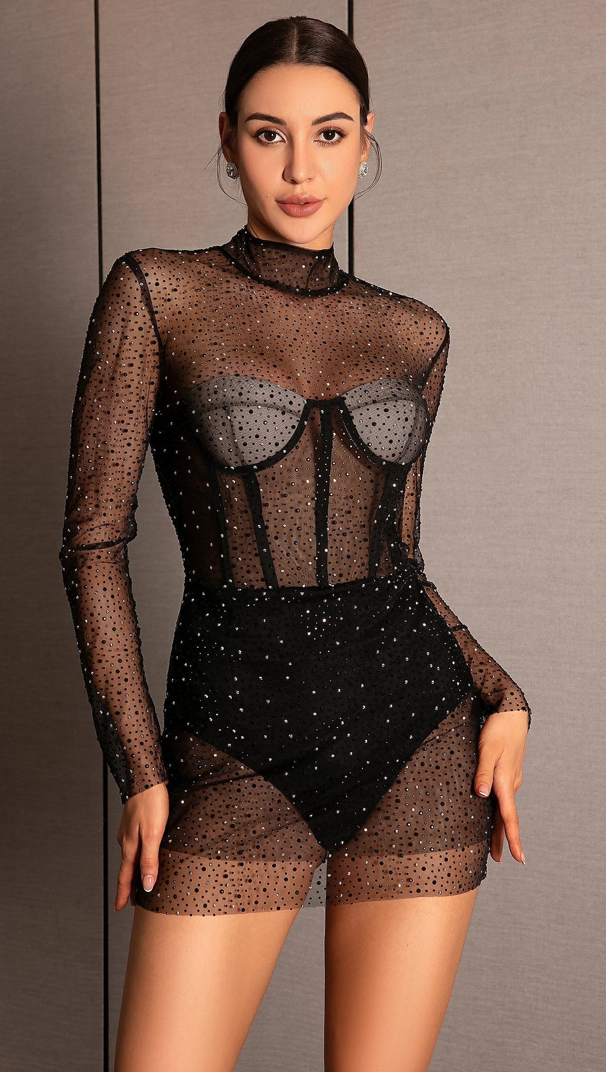AIIZIE ANTHIDE MESH SEE-THROUGH RHINESTONE BODYSUIT - product image