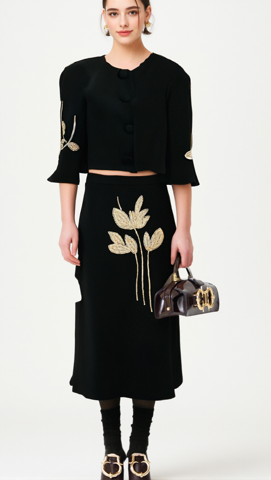 PAULINE BLACK FLORAL-APPLIQUÉ JACKET & SKIRT MATCHING SET