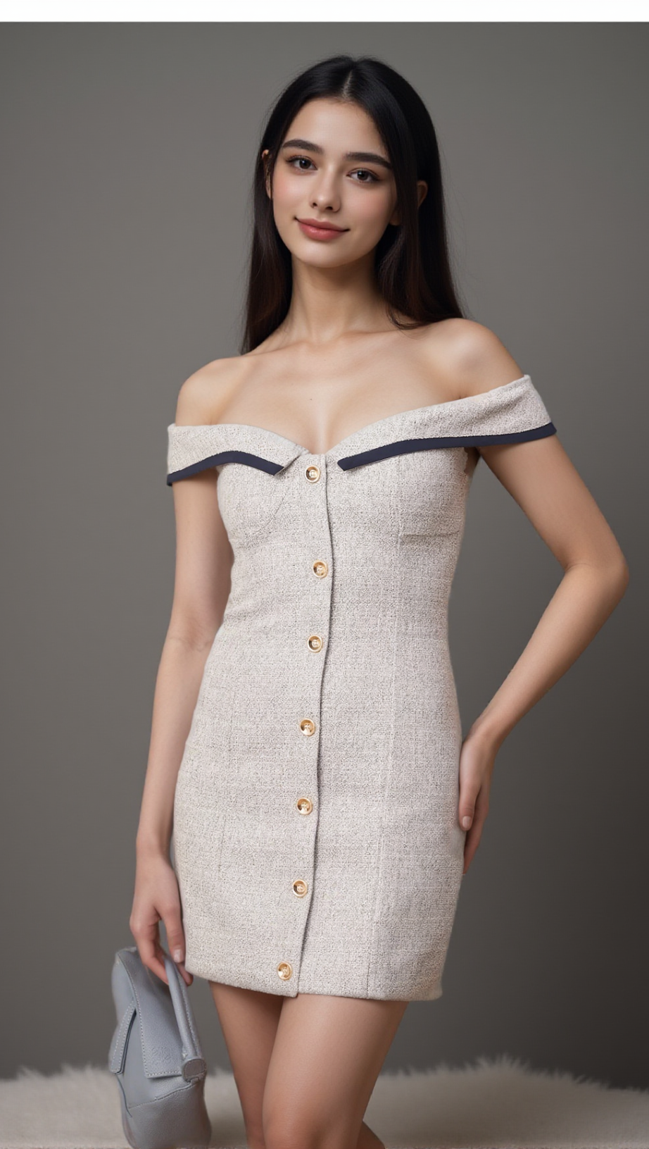 NOÉMIE GREY OFF-SHOULDER A-LINE MINI DRESS