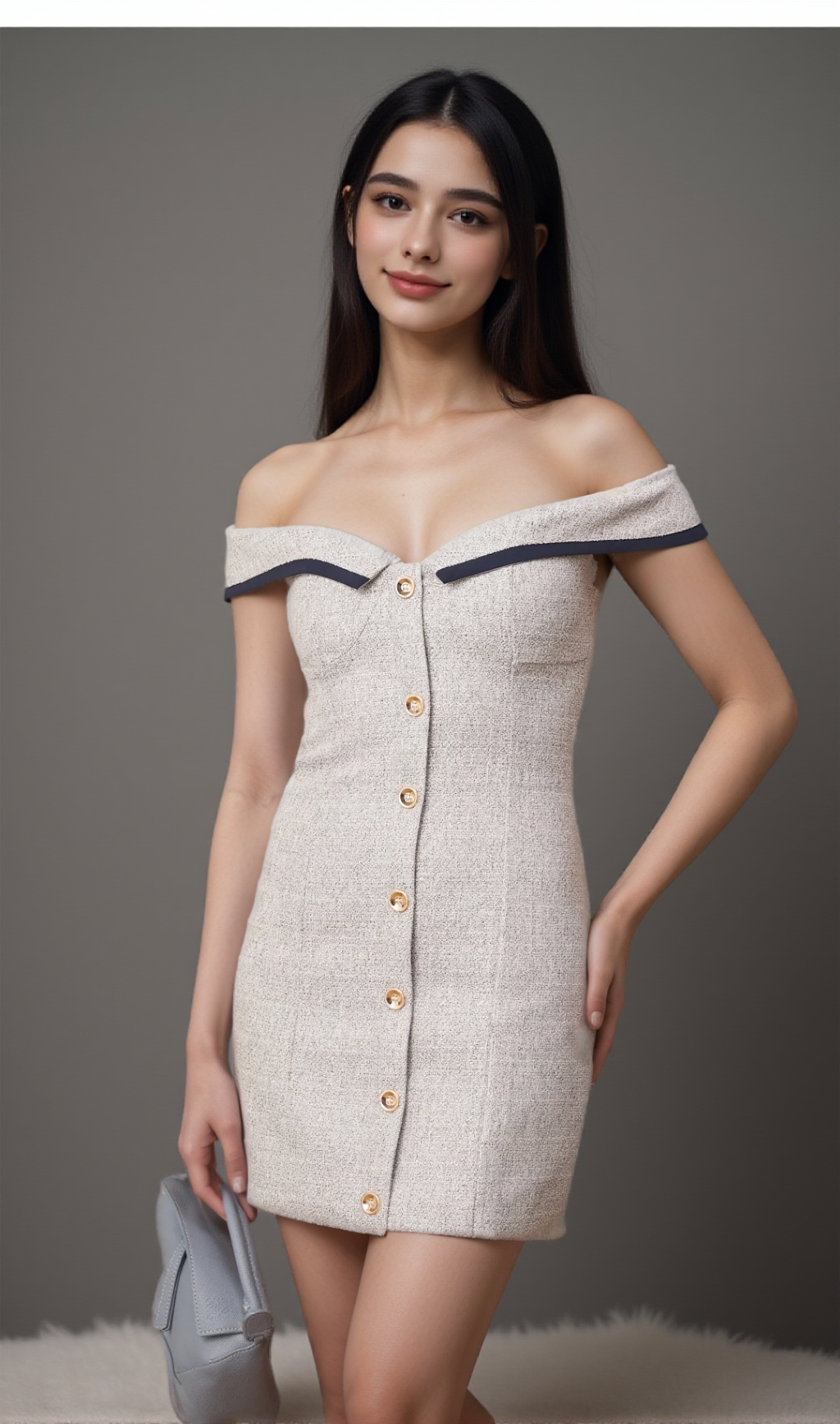 NOÉMIE GREY OFF-SHOULDER A-LINE MINI DRESS