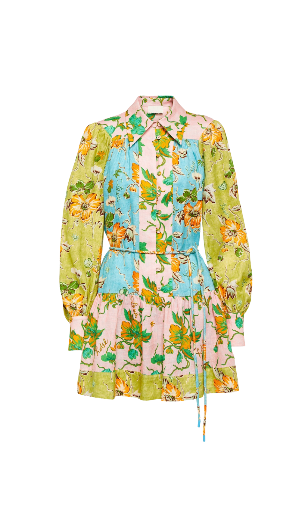 DONNA PRINTED COLORBLOCKED LINEN SHIRT DRESS