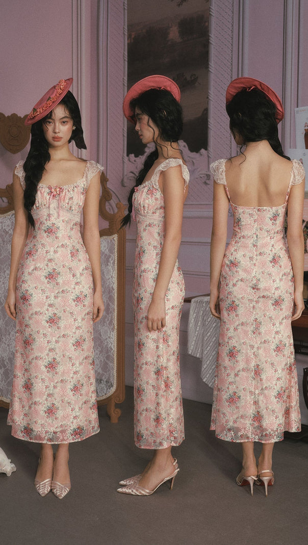 julie floral print lace trim midi dress - pink