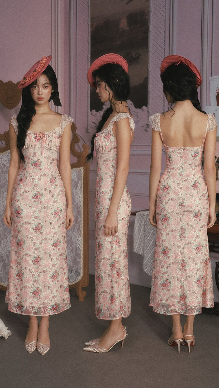 julie floral print lace trim midi dress - pink