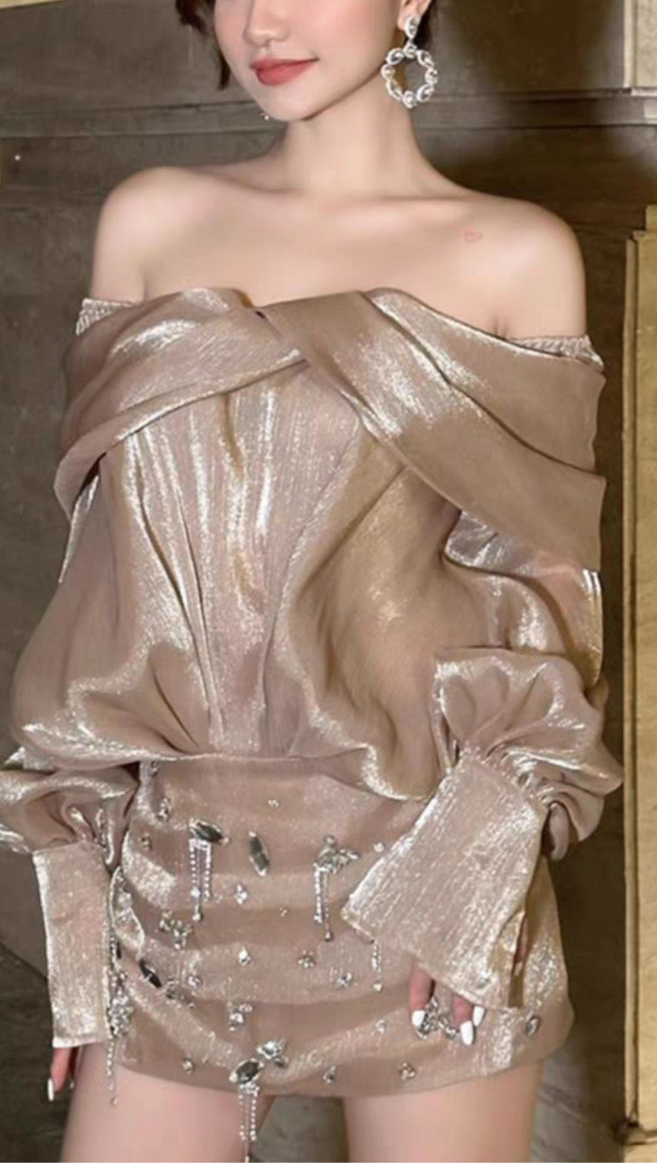 OFF-THE-SHOULDER PEARLESCENT SHIRT MINI DRESS