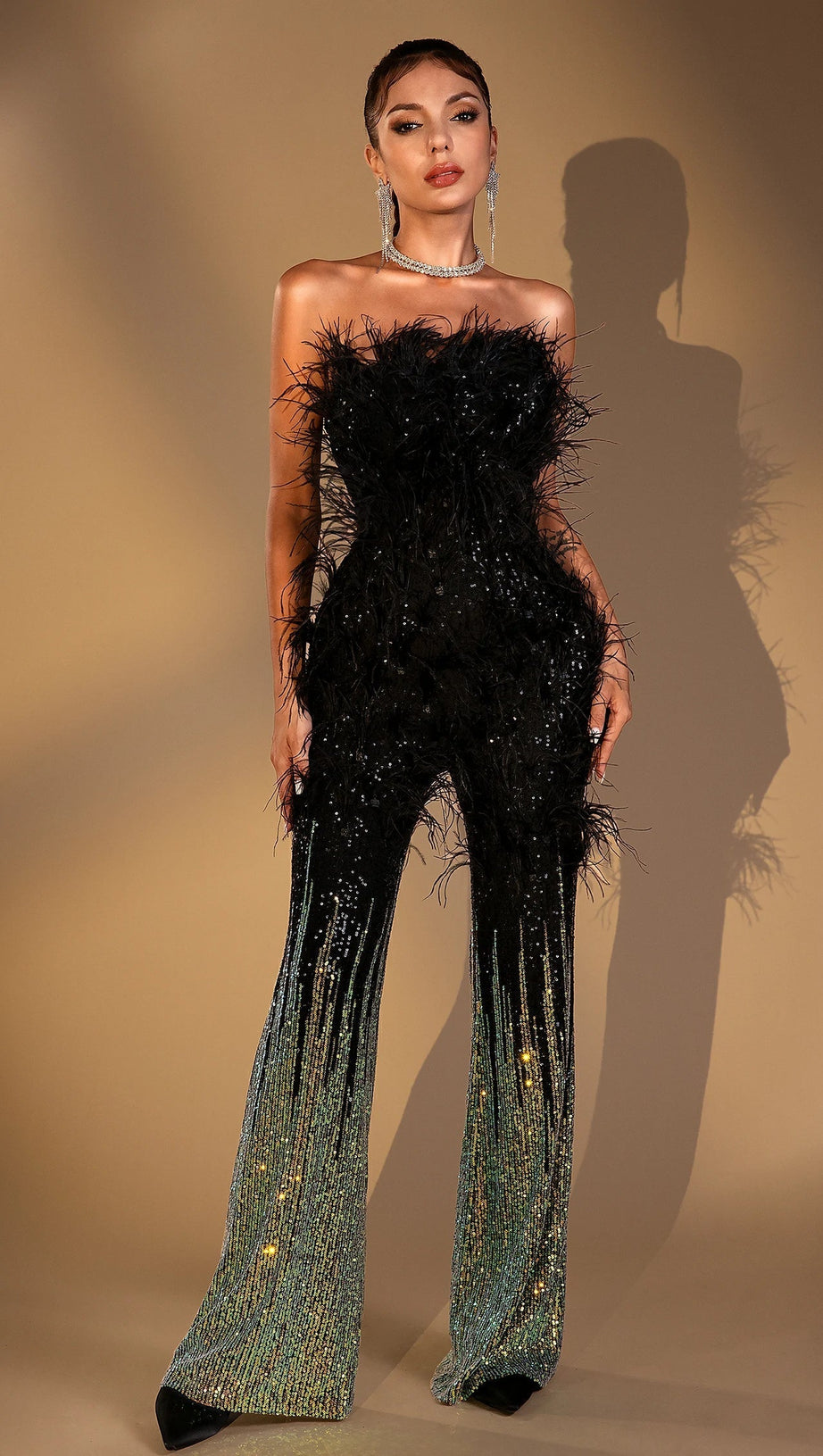 DAMARI FEATHER SEQUIN JUMPSUIT
