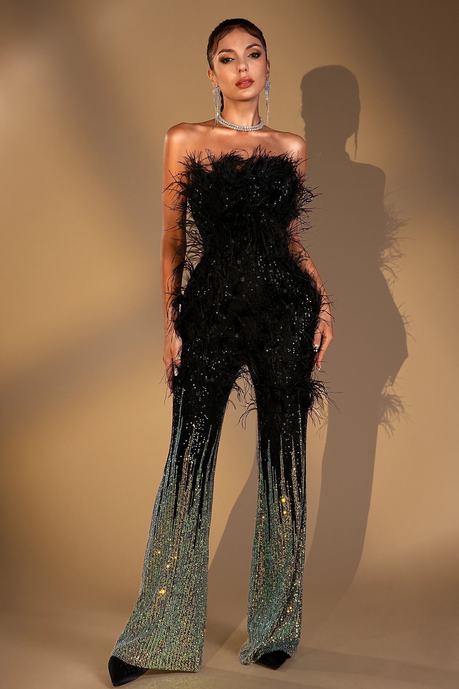 DAMARI FEATHER SEQUIN JUMPSUIT