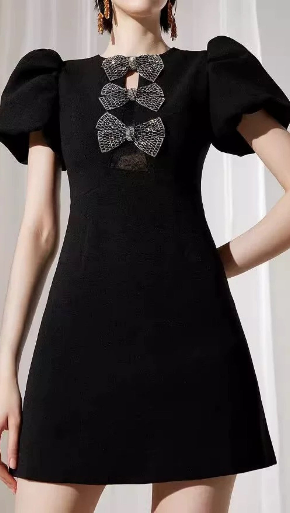 AIIZIE VANESSA BOW PUFF SLEEVE MINI DRESS IN BLACK - product image