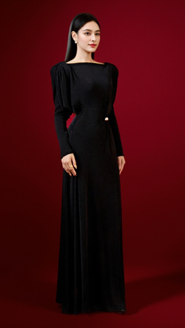 AIIZIE BLACK STRAIGHT BOAT NECK KNITTED FABRIC MAXI DRESS - product image