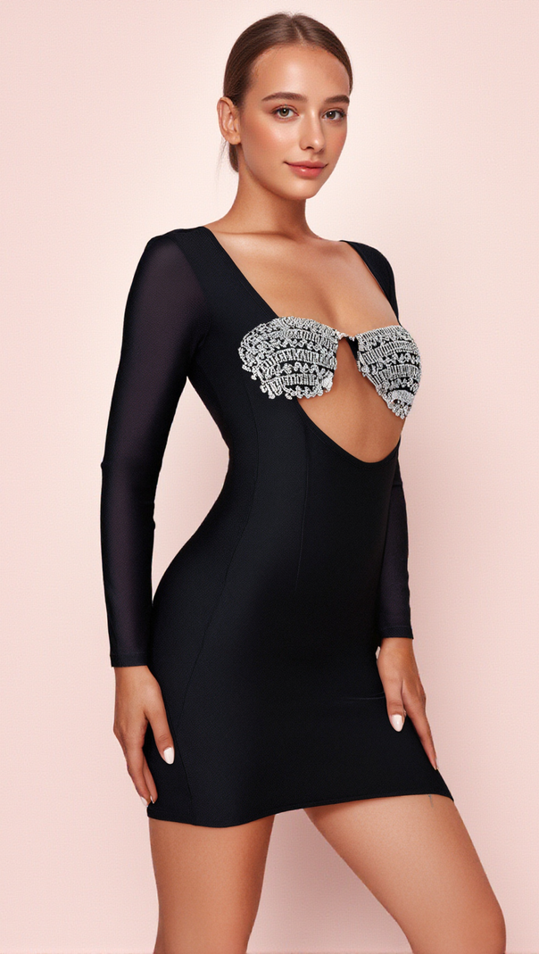 AIIZIE MESH-SLEEVE CRYSTAL BUSTIER BANDAGE DRESS IN BLACK - product image
