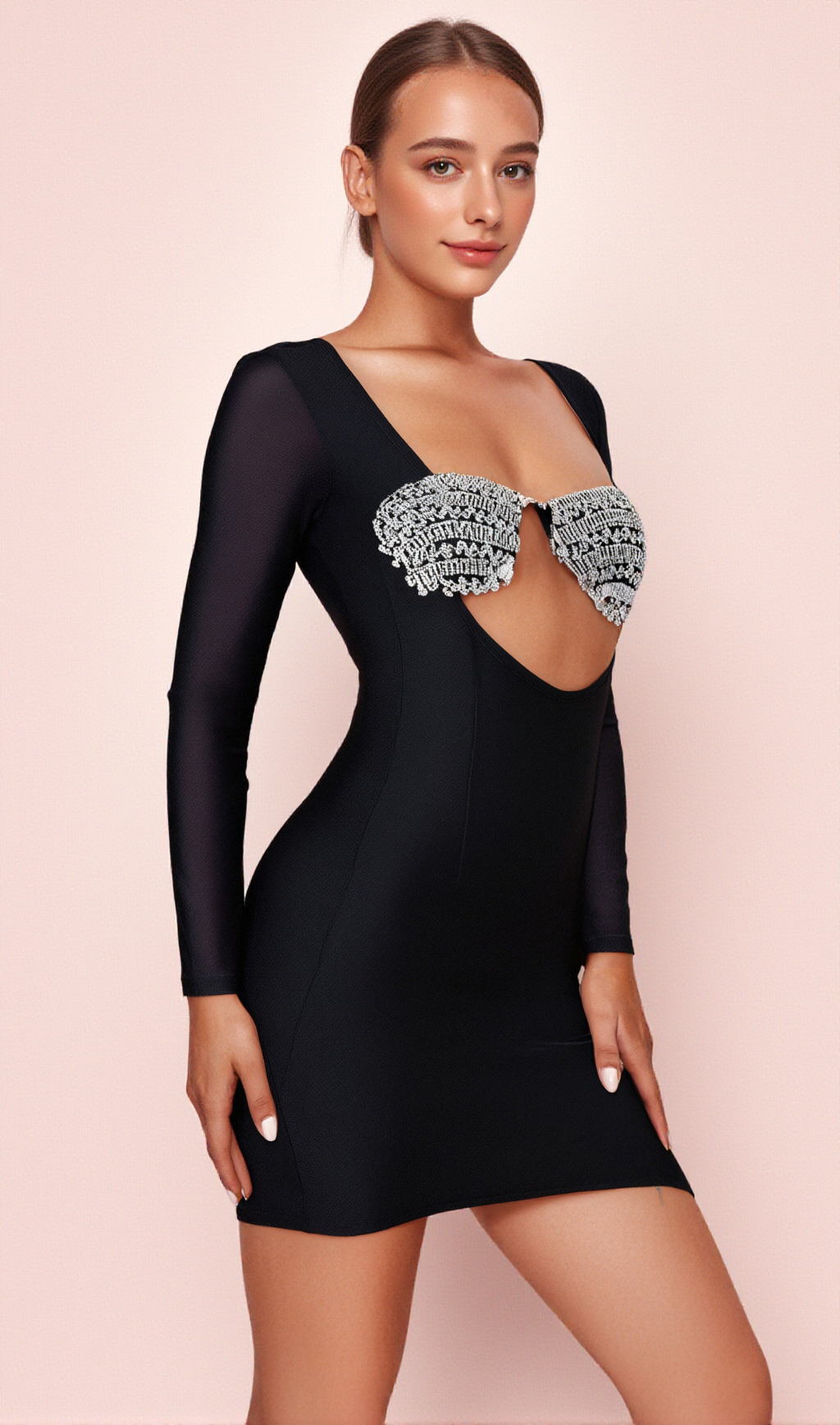 BANDAGE-KLEID MIT NETZÄRMELN UND KRISTALL-BUSTIER IN SCHWARZ