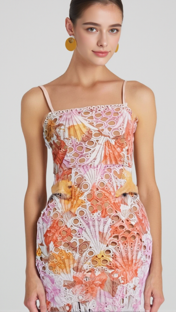 AIIZIE MULTICOLOR EMBROIDERED HOLLOW FRINGE MIDI DRESS - product image
