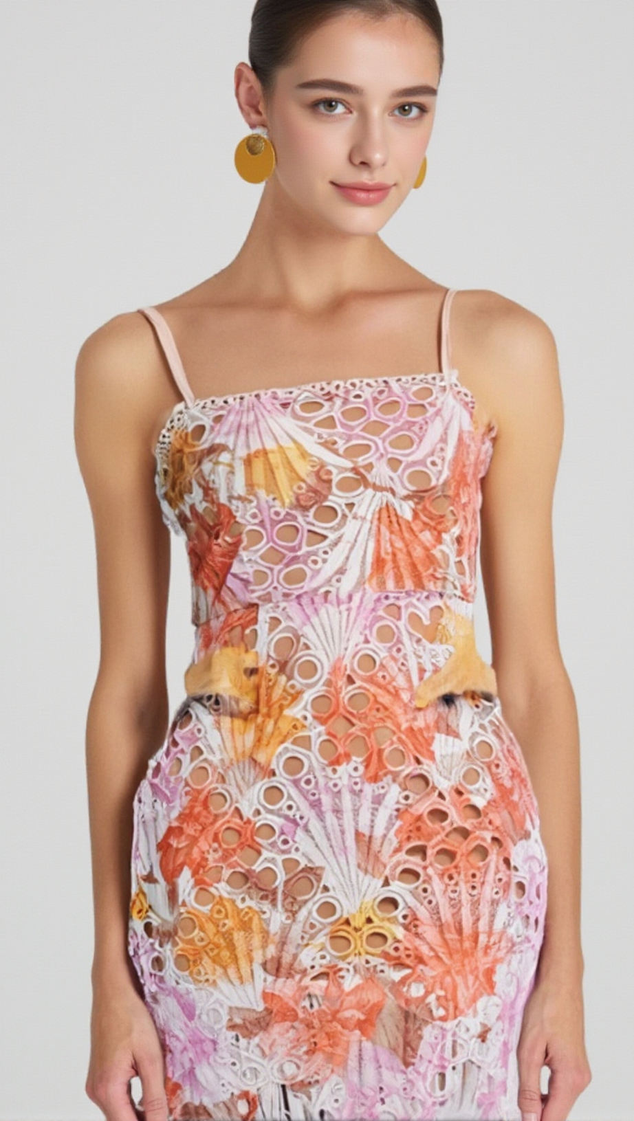 MEHRFARBIGES MIDIKLEID MIT STICKEREI UND HOHLFRANSEN