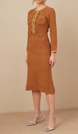 braided-edge tweed midi dress in brown